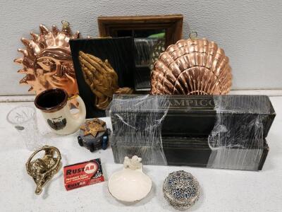 Assorted Vintage/ Antique Items Music Scrolls , 9.5x7.5&rdquo; Mirror , Box Of Rust Tabs & More