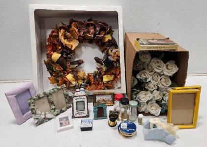 (1) Large Autumn Harvest Wreath (6) Assorted Photo Frames (7) Assorted Craft Beads And More