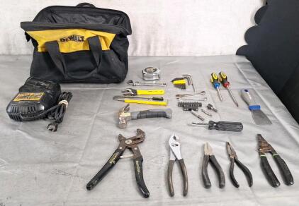 (1) DeWalt DCB101 Battery Charger, (1) DeWalt Soft Tool Bag & Assorted Hand Tools