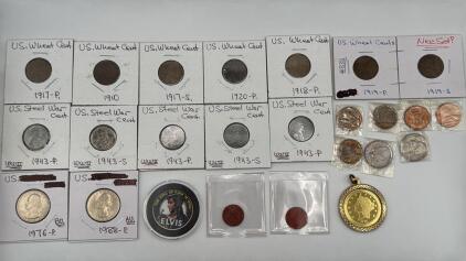 (5) U.S. Steel War Cents , (12) U.S. Wheat Cents , (2) U.S. Quarters, (1) U.S. Half Dollar W/ Elvis Sticker, (2) OPA Tokens & (1) Vintage Goldtone 1776 Twenty D Coin Replica Pendant.