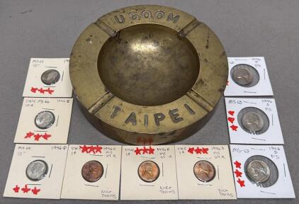 1946 Lincoln Cents, Roosevelt Dimes, Jefferson Nickels Collection, Brass Ashtray