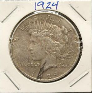 1924 Peace Dollar Coin, Silver, 38.1 mm Diameter