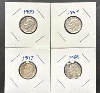 (4) U.S. Roosevelt Dimes, 1940, 1947, 1958, Silver and Copper-Nickel Composition