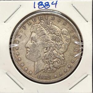 1884 Morgan Dollar Coin, United States Mint, 90% Silver, No Mint Mark