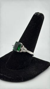 Faceted Emerald Cut Green Gemstone Set Into A Stamped .925 Silver Ring Size 10
