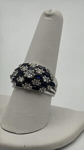 Blue & White Sapphire Gemstones Set Into A Silver Toned Ring Size 9
