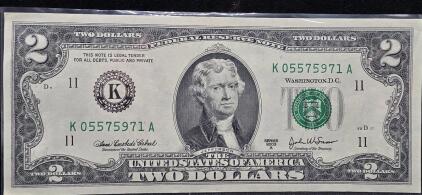 2003 US Two Dollar Bill, Serial K05575971A, Federal Reserve Bank K