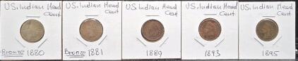 US Indian Head Cents, 1880(Bronze), 1881(Bronze), 1889, 1893, 1895,