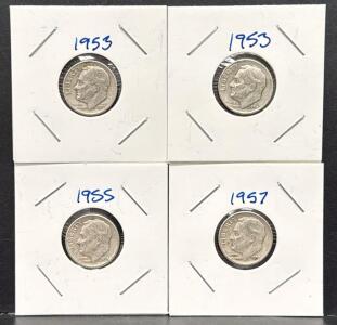 (4) 1953, 1955, 1957 Roosevelt Dimes, United States Mint, 90% Silver Composition