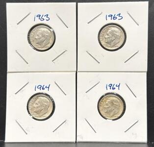 (4) 1963 and 1964 Roosevelt Dimes, 90% Silver, U.S. Mint