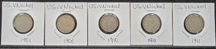 Set of 5 US Liberty Head Nickels, 1901, 1906, 1910, 1911, 5 Cents Coins