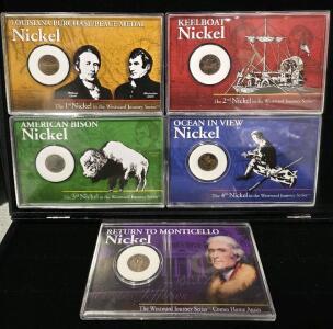 (5) Westward Journey Series Nickels, #1 Louisiana Purchase/Peace Medal, #2 Keelboat Nickel, #3 American Bison Nickel, #4 Keelboat Nickel and Return to Monticello