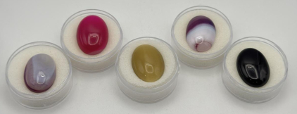 Lot Of Beautiful Gemstones- 20.35ct. Purple/White Onyx Agate , 27.80ct. Natural Pink Agate , 20.60ct. Earty Yellow Cats Eye Jasper , 21.00ct. Purple/White Onyx Agate , 28.95ct. Natural Black Stripe Agate