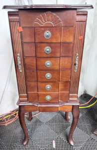 Elegant Dark Wood Jewelry Armoire with Mirror, 6 Drawers, Necklace Hooks