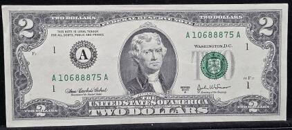 2003 US Two Dollar Bill, Serial A1068875A, Federal Reserve Bank A