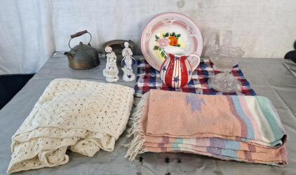 (1) Large Enamled Metal Pan, (1) Ceramic Pitcher & Assorted Home Decor Items