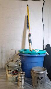 (5) Assorted Extension Poles, (2) Paint Tanks, (1) Metal Pot & (2) Large Plastic Tubs