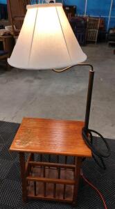 Table Lamp with Integrated Side Table, Wood and Metal, Magazine Rack-20 in x 14 in x 53 in