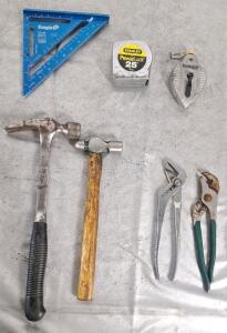 (2) Hammers, (2) Pairs Of Slip Joint Pliers, (1) Rafter Square, (1) 25' Tape Measure & (1) Chalk Line