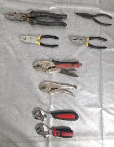 (2) Crescent Wrenches, (2) Pairs Of Vice Grips, (2) Pairs Of Standard Pliers, (1) Pair Of Needlenose Pliers & (1) Pair Of Cutters