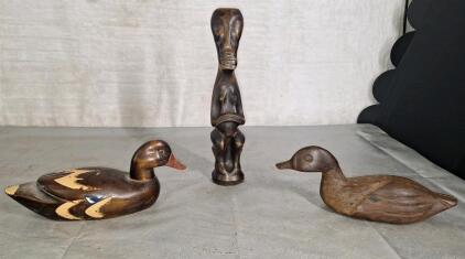 (1) 11.5" Tall Metal African Fetish Sculpture & (2) Wooden Ducks