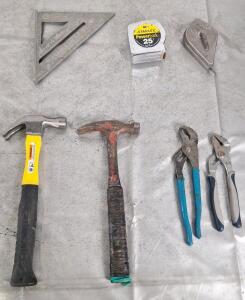 (2) Hammers, (2) Pairs Of Slip Joint Pliers, (1) Rafter Square, (1) 25' Tape Measure & (1) Chalk Line