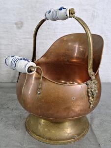 (1) Vintage Large Copper & Brass Coal Scuttle Bucket W/ Porcelain Handles & Lion Head Handle Mounts, 10" Diameter x 12" Tall