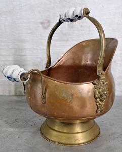 (1) Vintage Large Copper & Brass Coal Scuttle Bucket W/ Porcelain Handles & Lion Head Handle Mounts, 9" Diameter x 10" Tall