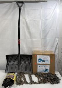 (1) SunCoast Snow Shovel, VIVE 5&rdquo; Alternating Pressure Bed Pad , Pair Of Snow Chains ,(1) New Jumper Cables