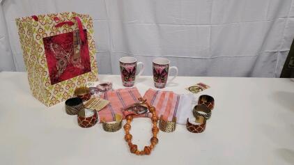 Assorted Decorative Accessories Set - Mugs, Bracelets, Napkins, Gift Bag