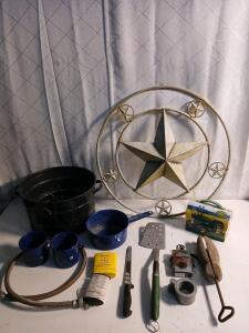 (1) 24" Star Wall Decor (1) Vintage Shoe Stretcher (1) Porcelain On Steel Sauce Pan & More