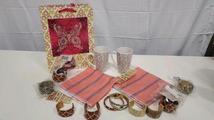 Assorted Decorative Accessories Set - Mugs, Bracelets, Napkins, Gift Bag