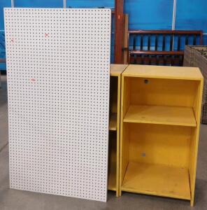 Pegboard Panels & Yellow Shelving Unit, 4 Panels, 2 Shelf Unit 34.5"x61.5" & 24"x18"x42"
