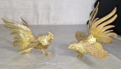 (1) Pair Of Vintage Solid Brass Fighting Roosters, Stamped Japan