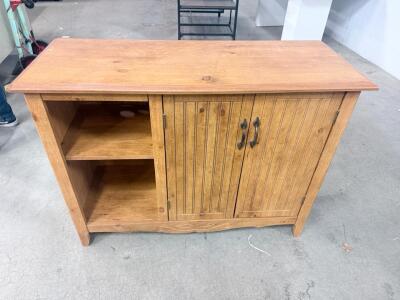 Light Brown Wooden Cabinet, 2 Shelves, 2 Doors, Decorative Carving