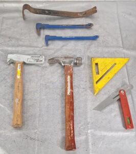 (1) Magnetic Framing Hatchet, (1) Hammer, (1) Rafter Square, (1) Sliding Bevel Tool & (3) Nail Pullers