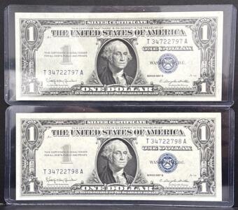(2) Consecutive 1957 B Silver Certificate One Dollar Bills, Serial T34722797A & T34722798A