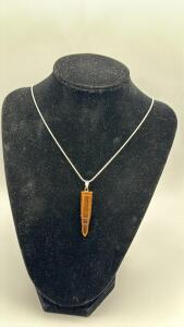 Bullet Shaped Tiger Eye Jasper Gemstone Pendant & Stamped .925 Silver Necklace