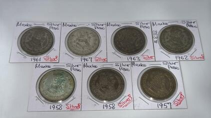 Lot Of 7 Silver Mexico Peso&rsquo;s Dates Ranging 1957-1967