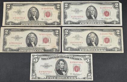 U.S. Red Seal Notes, $2 & $5, Series 1953 & 1963 Multiple Serial Numbers