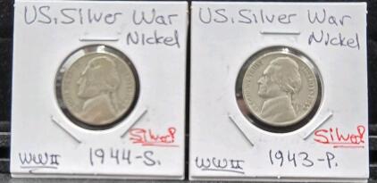 1943-P & 1944-S US Silver War Nickels, Jefferson Design, WWII Era