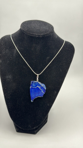 58.40ct. Dark Blue Sea Sediment Jasper FreeForm Slice Pendant & Stamped .925 Silver Necklace