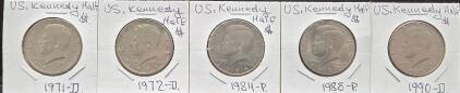 Kennedy Half Dollar Coins Set, 1971-D, 1972-D, 1984-P, 1988-P, 1990-P