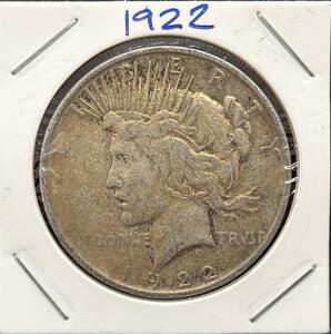 1922 United States Peace Dollar Coin, 90% Silver, Lady Liberty & Eagle Design