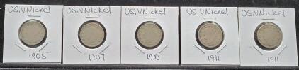 Collectible U.S. Liberty Head "V" Nickels from 1905, 1907, 1910, 1911