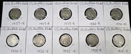 (10) Buffalo Nickels Collection: 1937-P, 1936-P, 1936-D, 1935-P, 1918-P