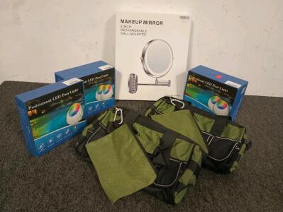 (5) Pool Lights, Upgraded Rechargeable Submersible LED Lights with Remote, 8" Rechargeable Wall Mount Makeup Mirror, (2) Small Tool Bags