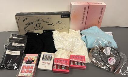 Beauty & Accessories Bundle: Hair Claw Clips, Press-On Nails, Lip Oil, Headbands, Wind Chimes, & (3) Blouses