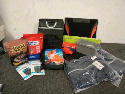 (2) XL Navy Blue Men's Tracksuits, (2) Universal Floor Mats, Squirrel And Snake Repellent, Various Nylon Carry Bags And More!