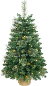 3ft Pre-lit Artificial Christmas Tree,100 PVC Branches Tips+20 Flowering Pine Needles+Burlap Wrapped Plastic Base